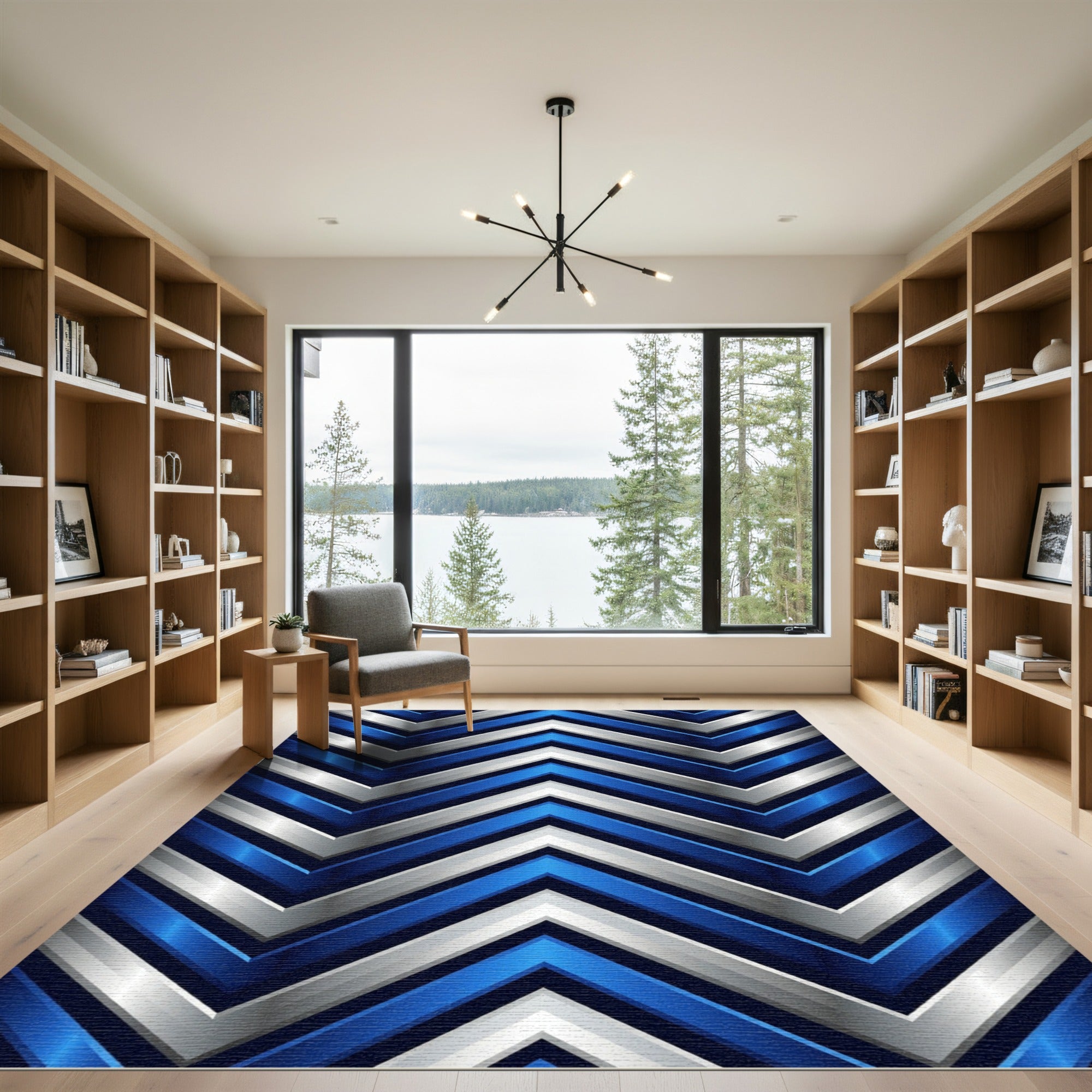Metallic Blue and Silver Chevron Geometric Rug