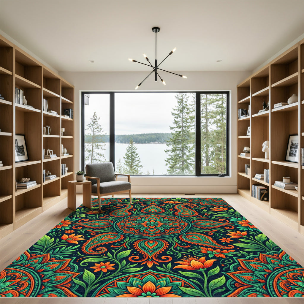 Vibrant Teal and Orange Paisley Medallion Rug