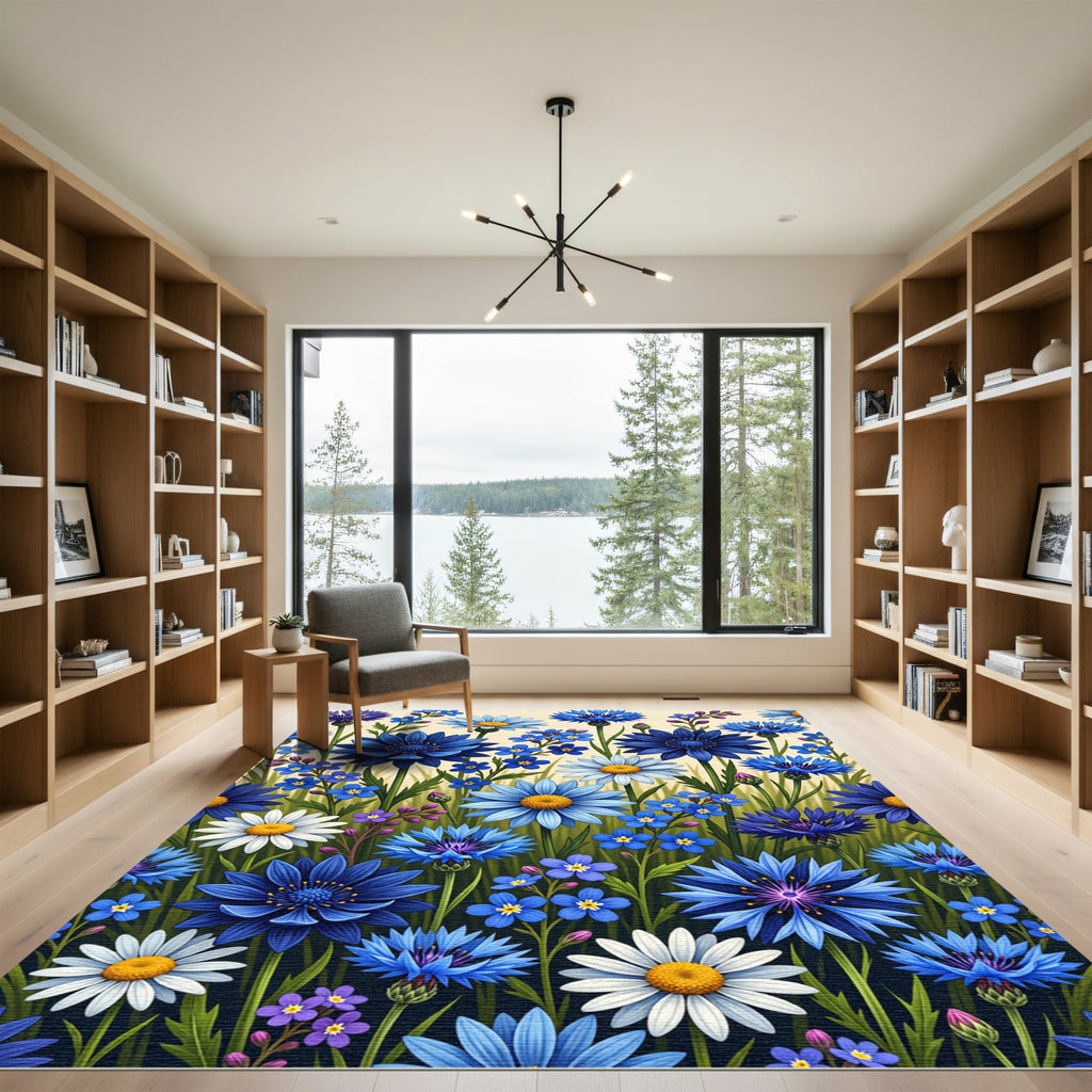 Vibrant Blue Cornflower and Daisy Meadow Rug