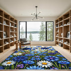 Vibrant Blue Cornflower and Daisy Meadow Rug