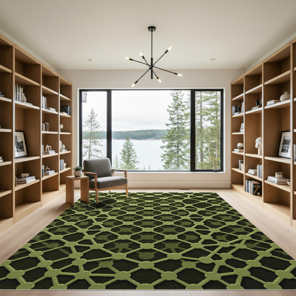 Olive Green Geometric Interconnected Grid Rug
