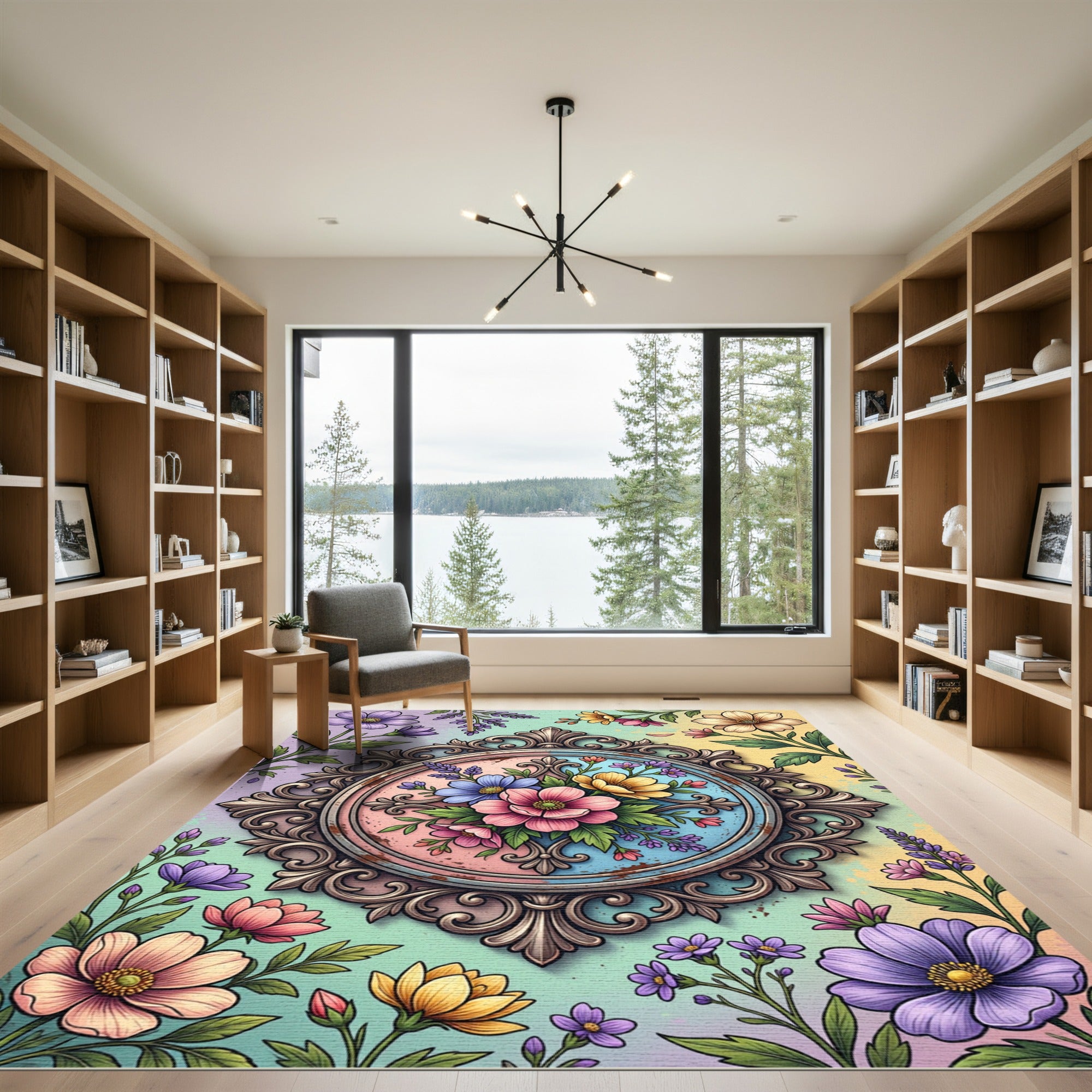 Pastel Floral Medallion with Ornate Frame Rug