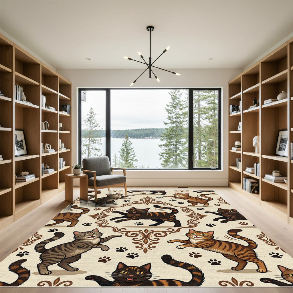 Playful Feline Victorian Damask Illustration Rug