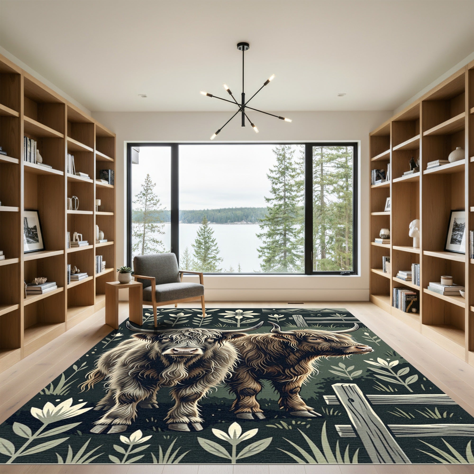 Rustic Highland Cattle Botanical Forest Meadow Rug