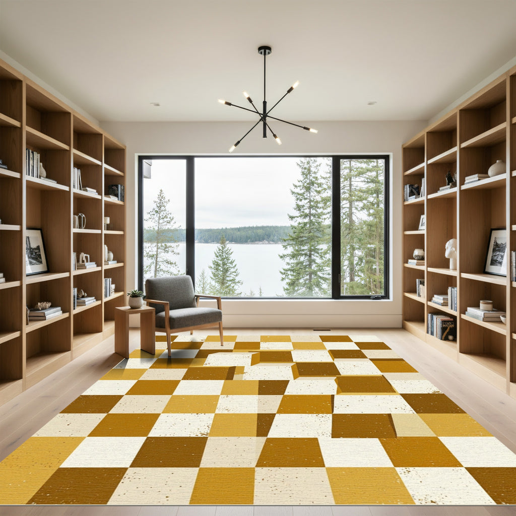 Modern Ochre Geometric 3D Block Rug
