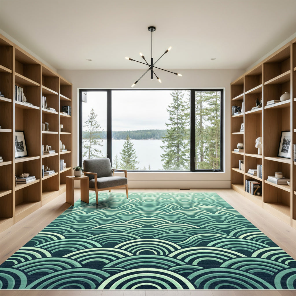 Teal Wave Concentric Arc Pattern Rug