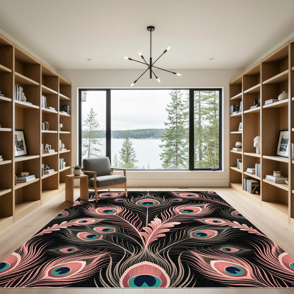 Elegant Blush Peacock Feather Art Rug