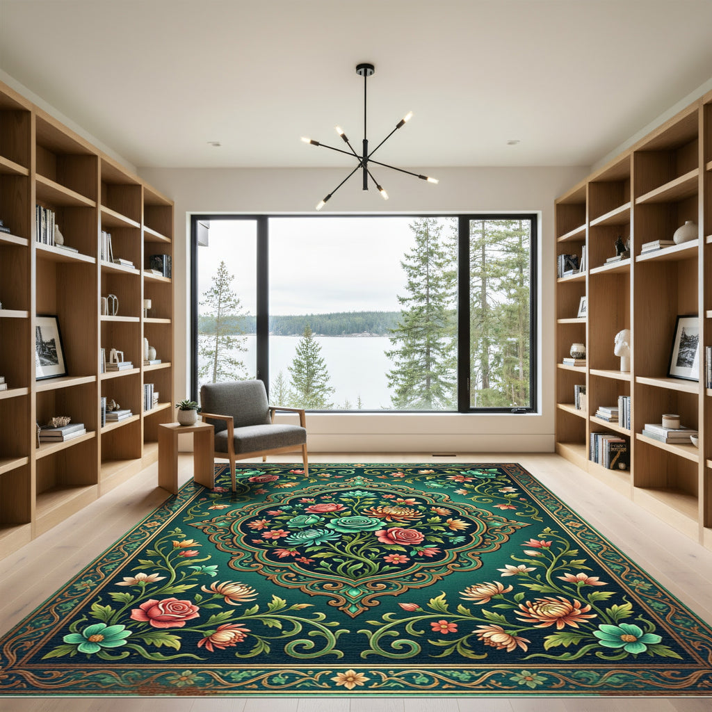Emerald Green Floral Medallion Garden Rug