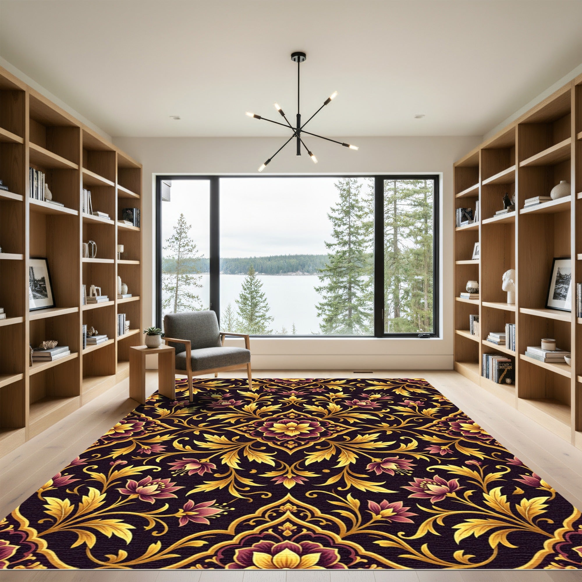 Ornate Golden Floral Damask Midnight Rug