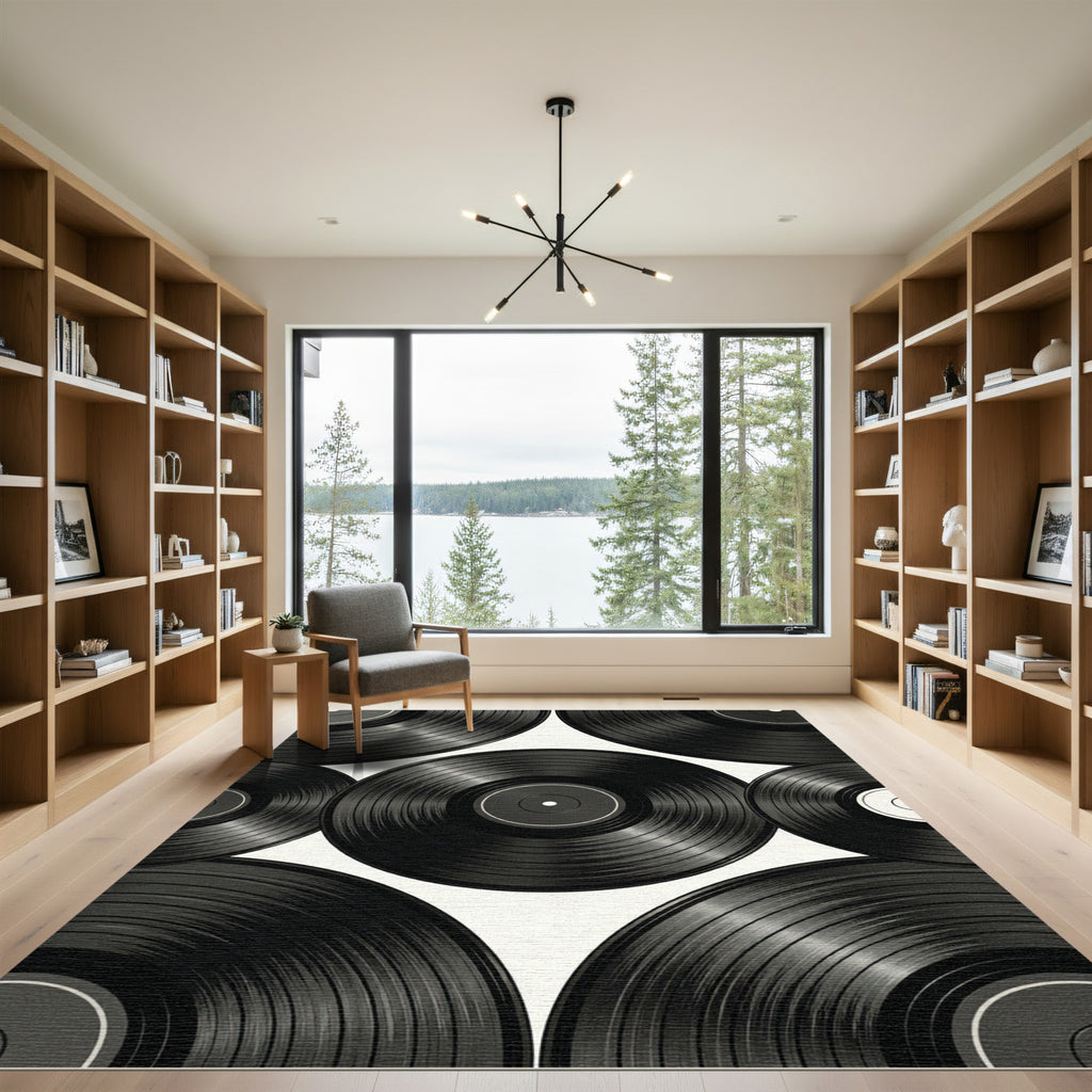 Monochromatic Retro Vinyl Record Grid Rug