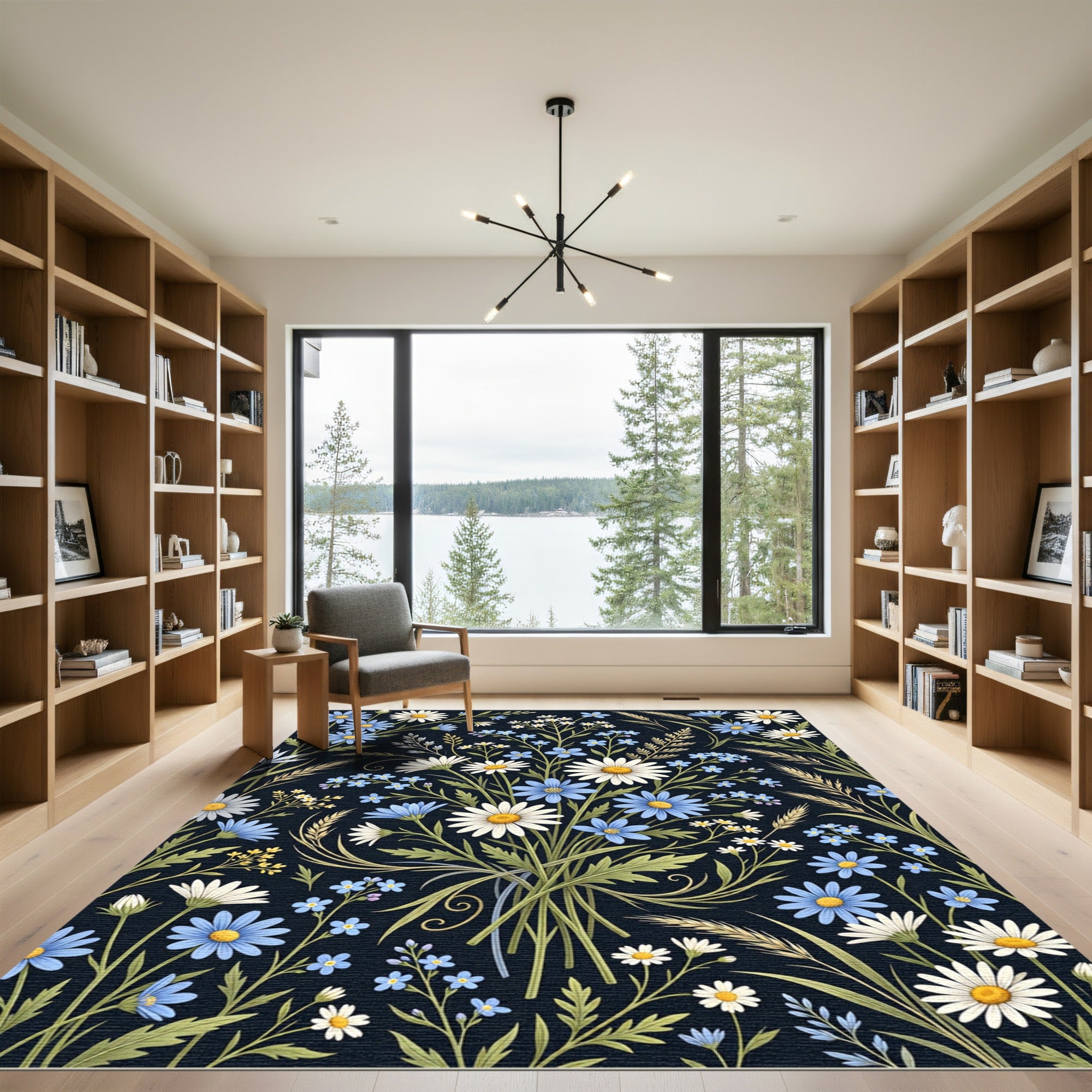 Midnight Field Daisy and Cornflower Bouquet Rug