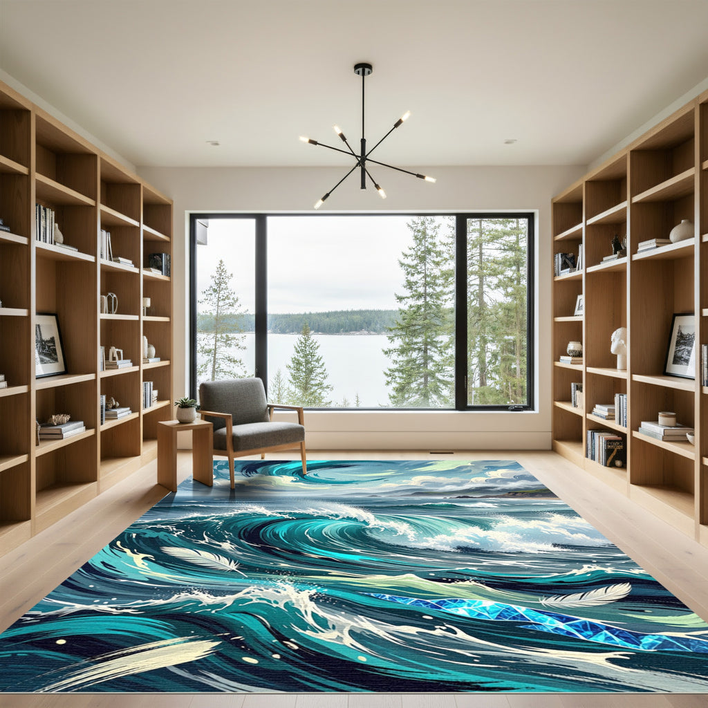 Abstract Azure Swirling Ocean Wave Rug