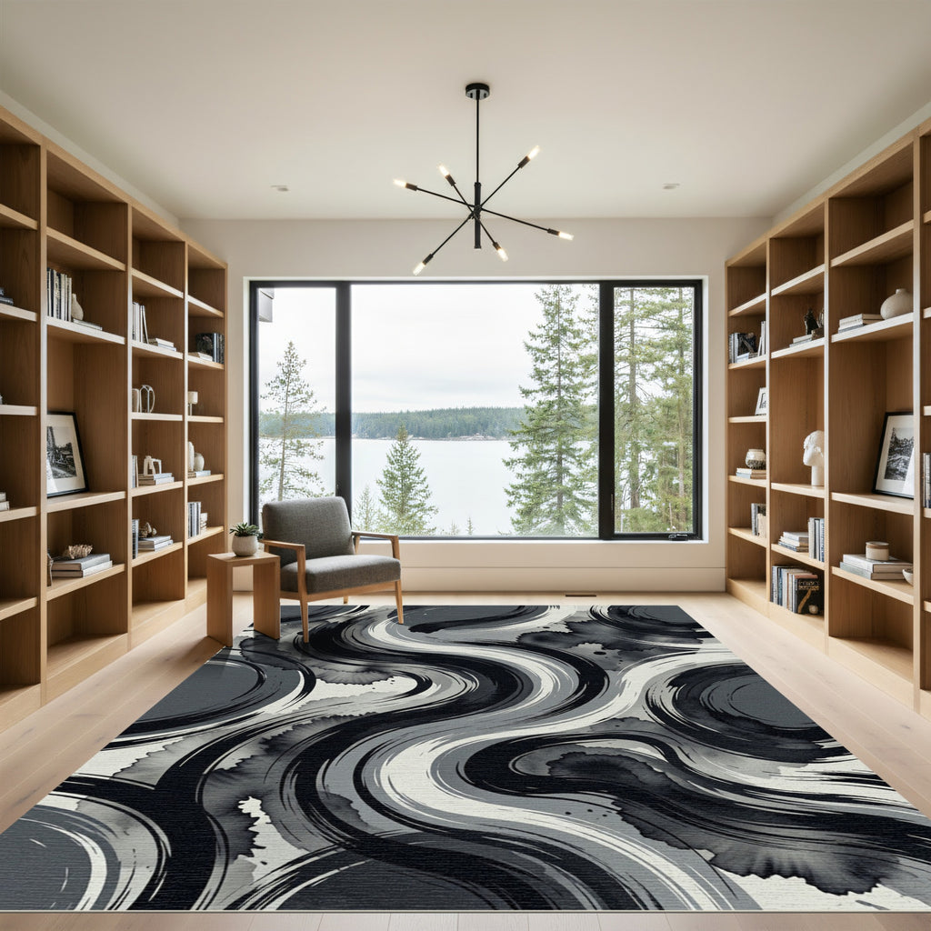 Monochrome Abstract Fluid Ink Swirls Rug