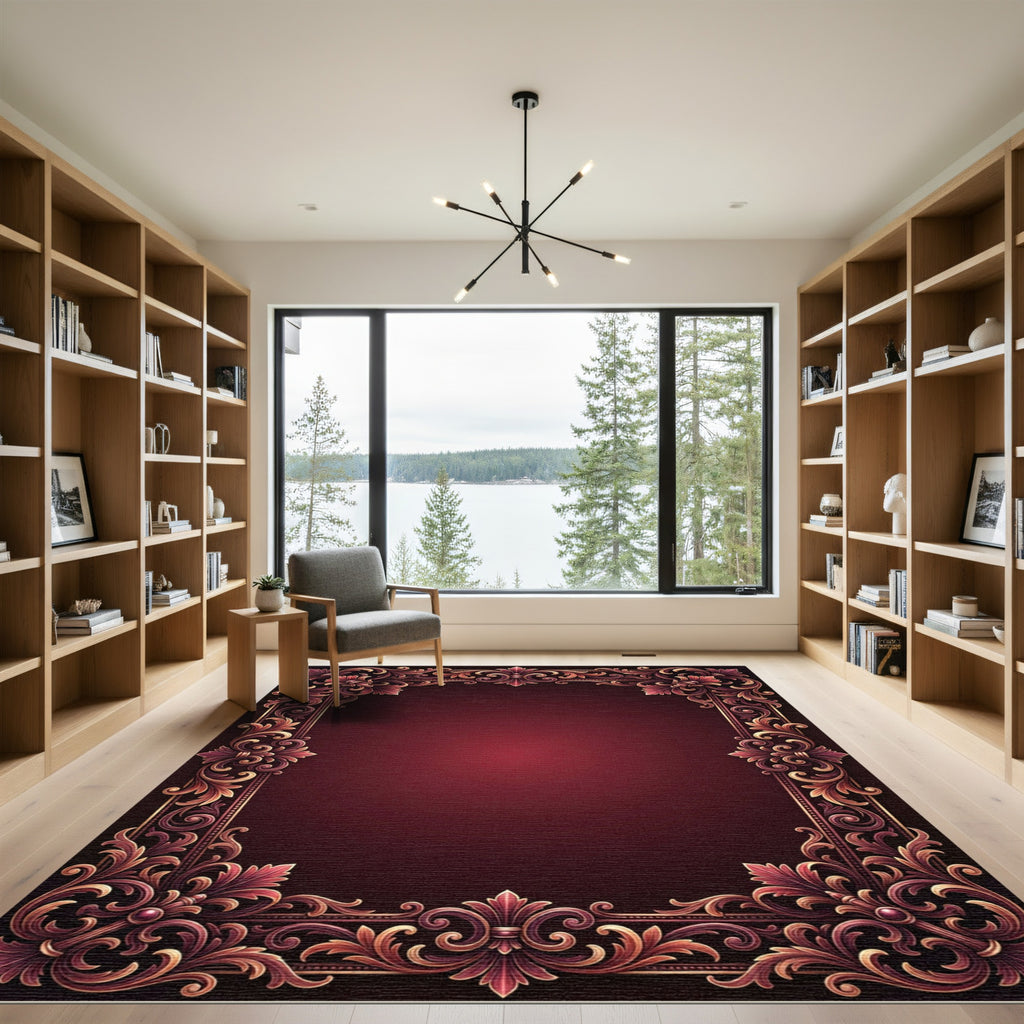 Ornate Crimson Gold Damask Scroll Rug