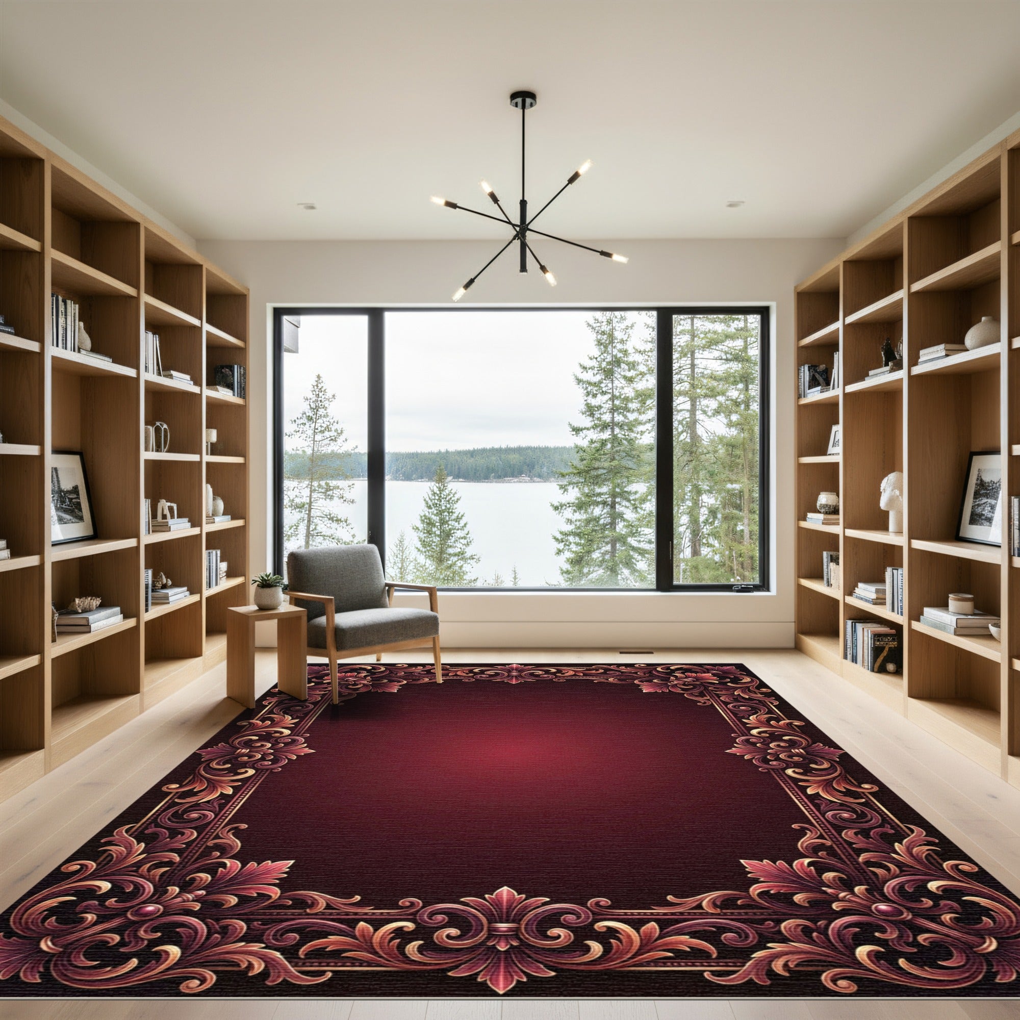 Ornate Crimson Gold Damask Scroll Rug