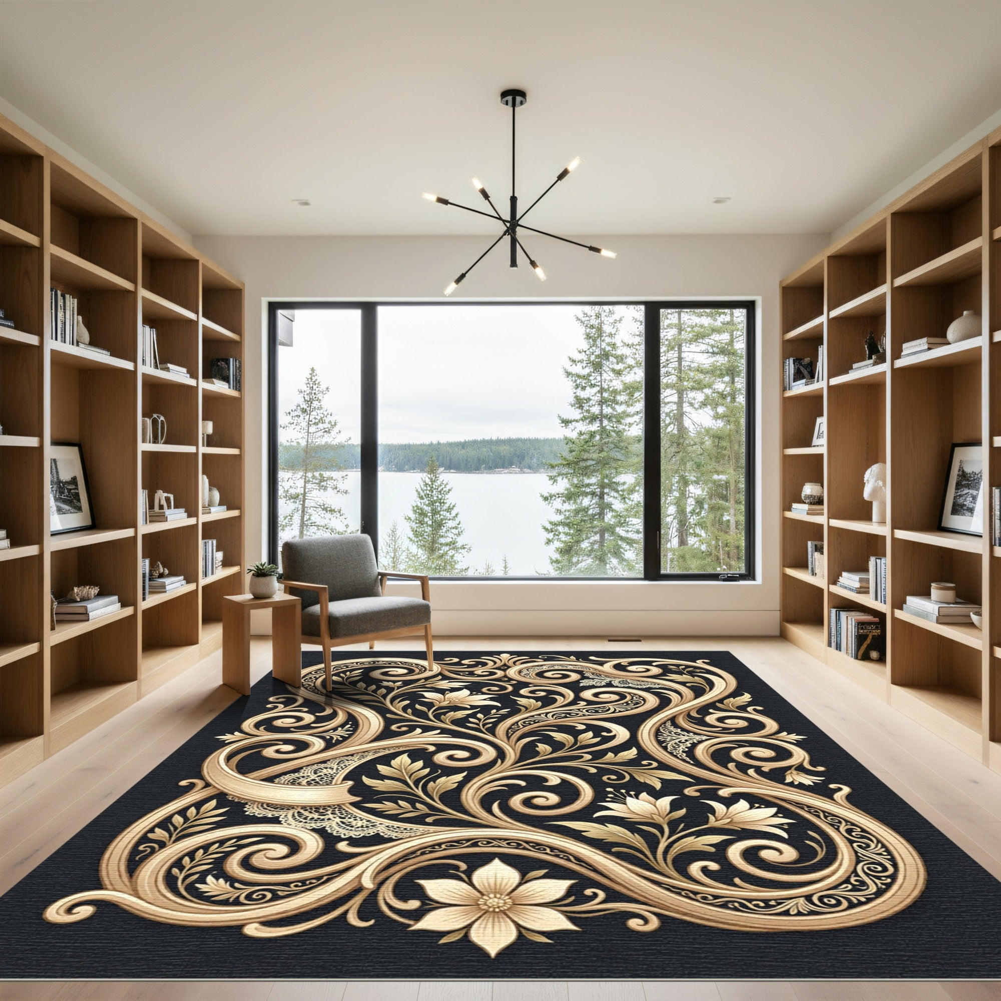 Ornate Gold Floral Scroll Lace Rug