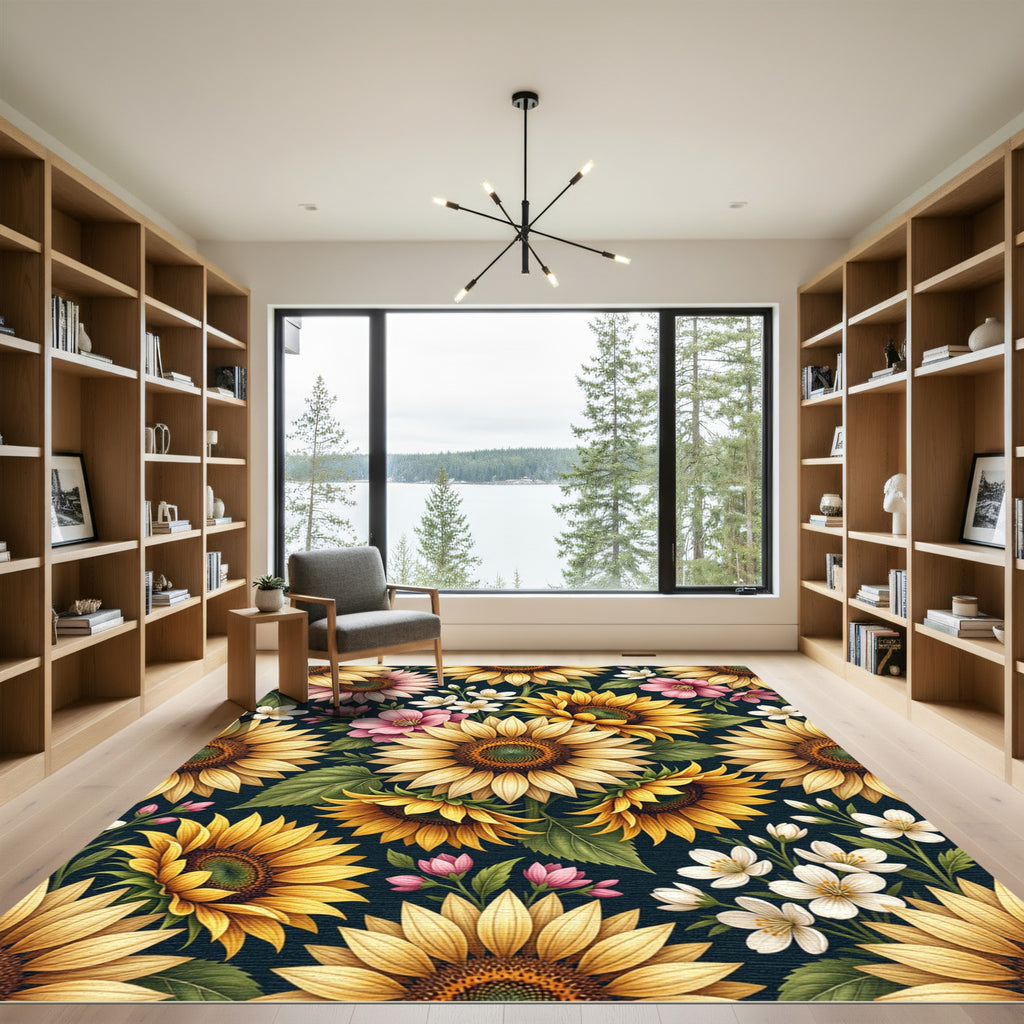 Sunflowers with Pink Blossoms Floral Arrangement Rug