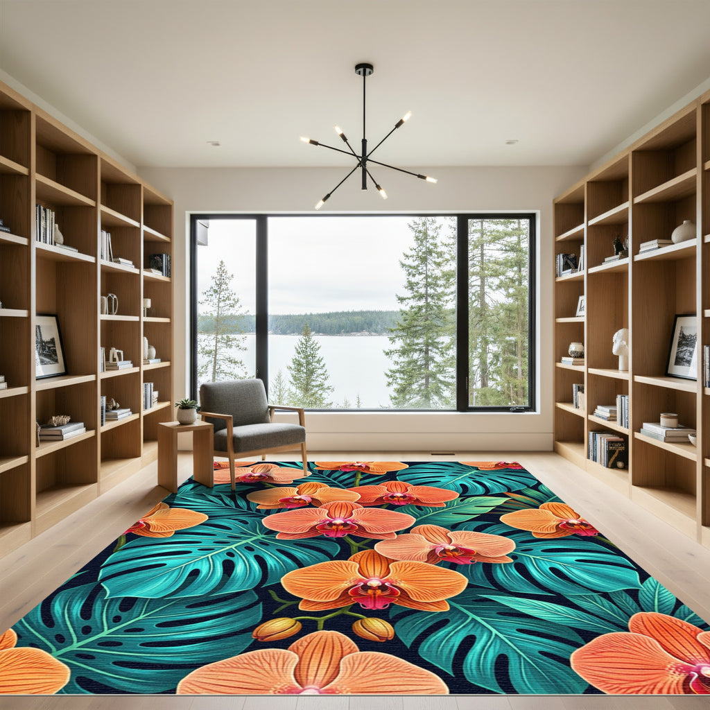 Vibrant Orange Orchid Tropical Foliage Rug