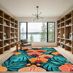 Vibrant Orange Orchid Tropical Foliage Rug