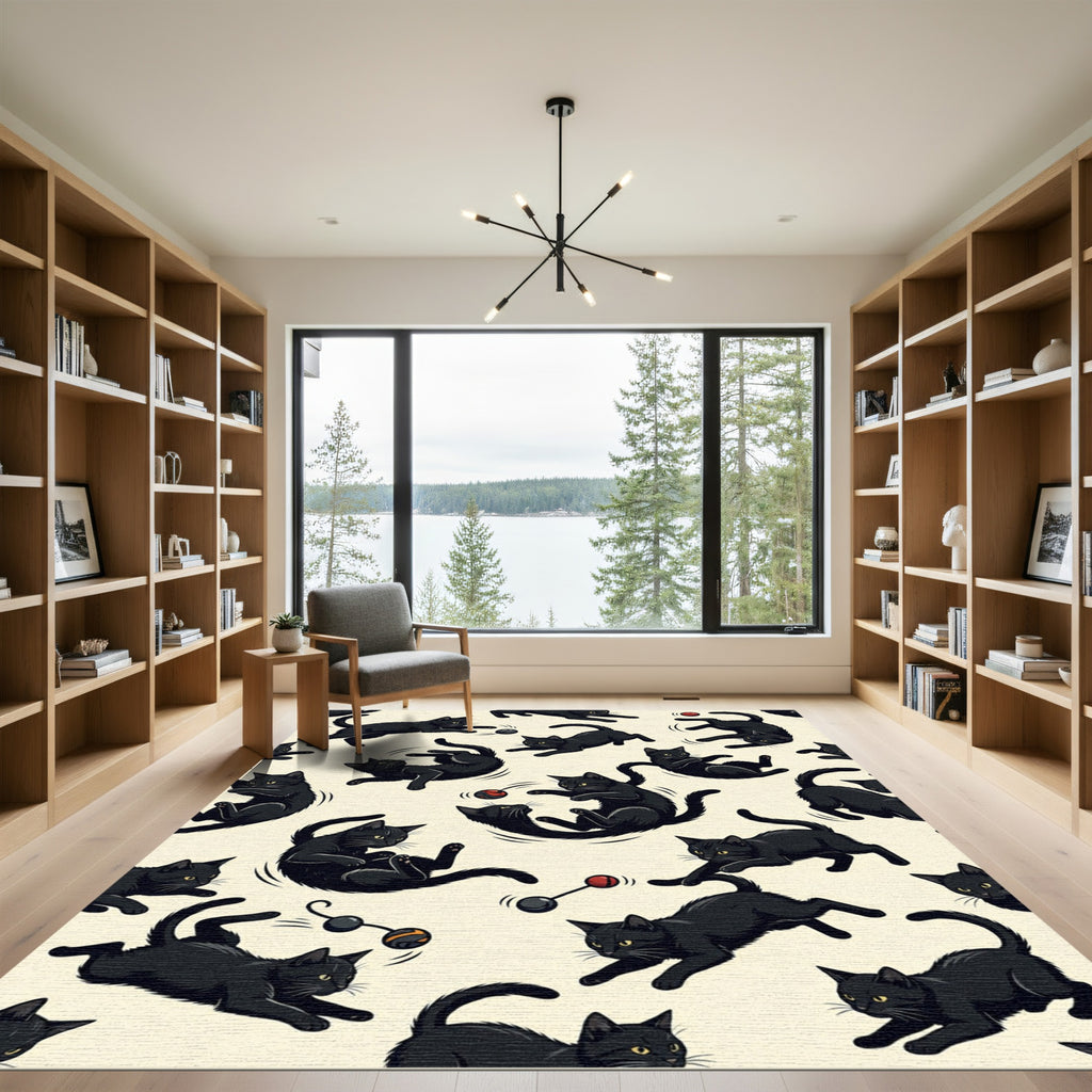 Playful Black Cat Cream Illustration Rug