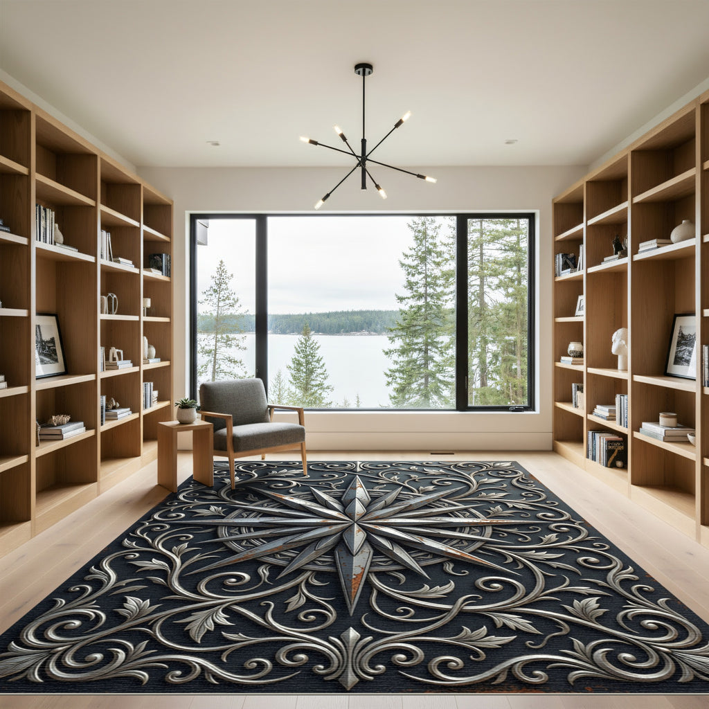 Metallic Silver Compass Star Scrollwork Rug