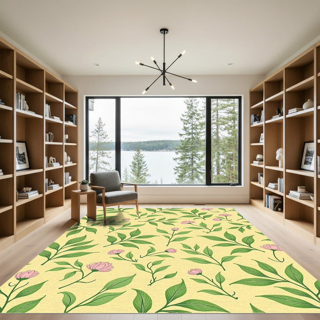 Light Yellow Pink Blossom Leafy Accents Rug