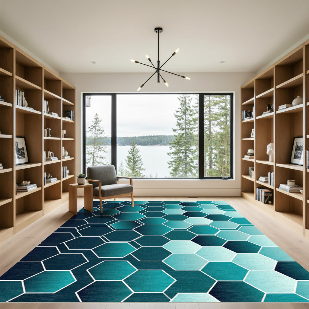 Teal Gradient Hexagon Compositions Rug