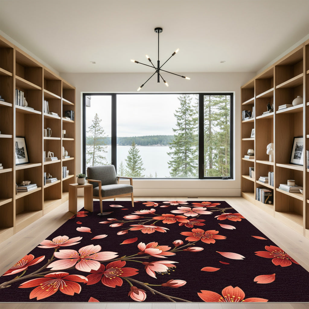 Red Cherry Blossom Petal Arrangement Rug