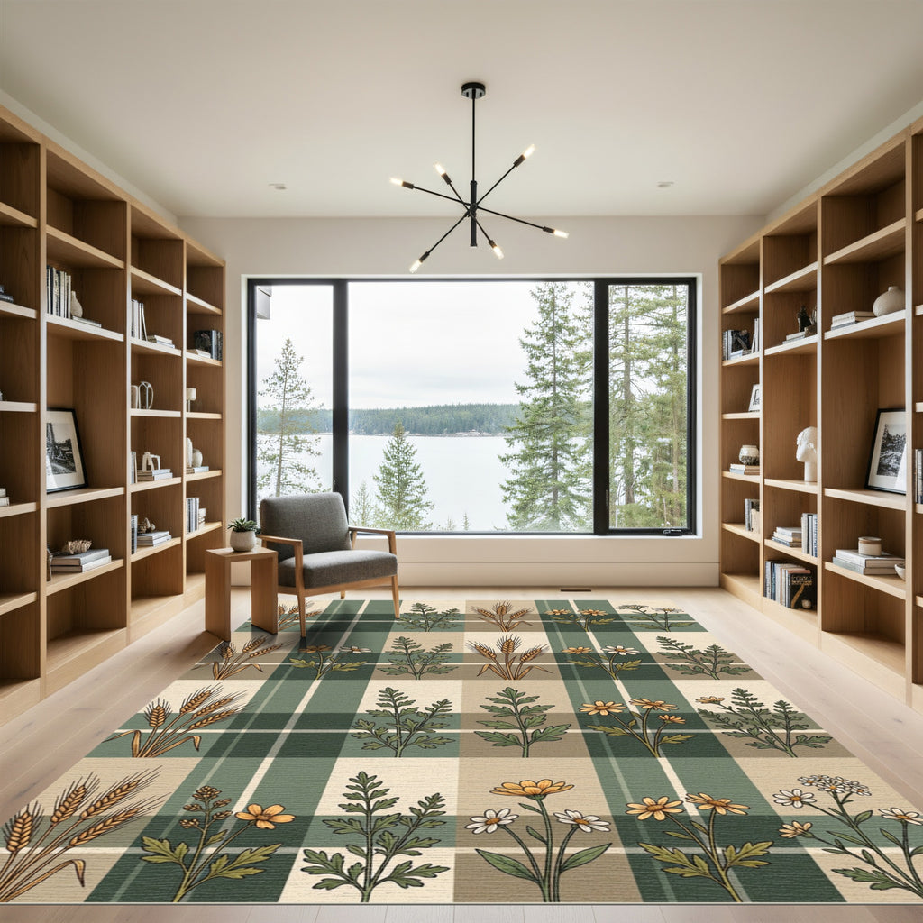 Earthy Wheat Daisies Plaid Rug
