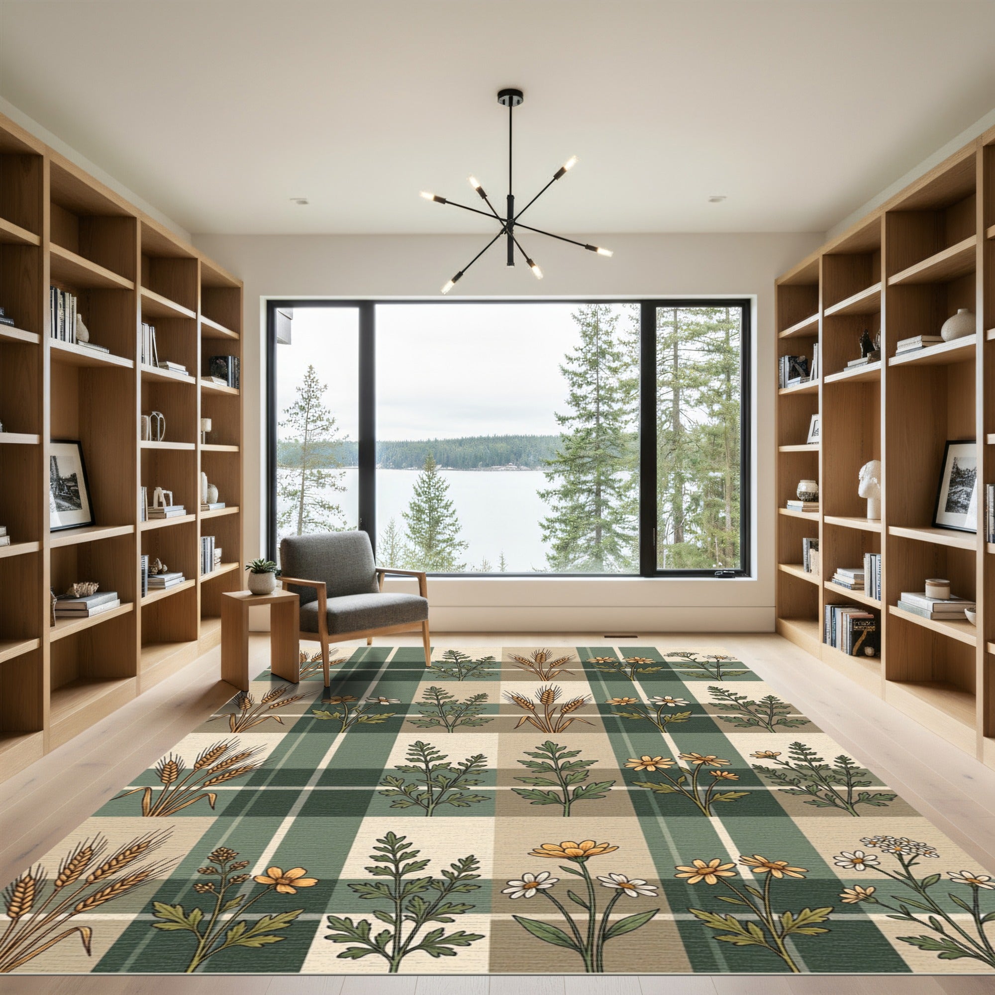 Earthy Wheat Daisies Plaid Rug