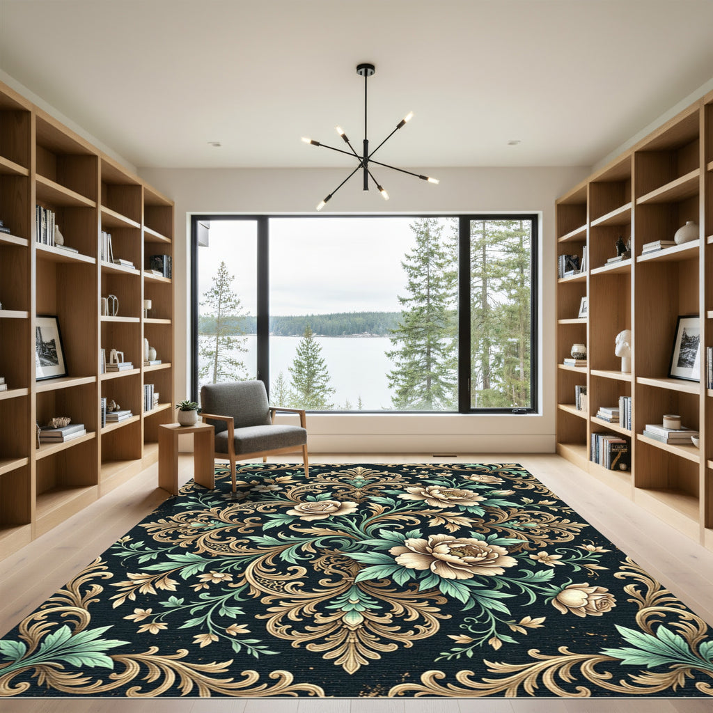 Elegant Gold Floral Damask Botanical Rug