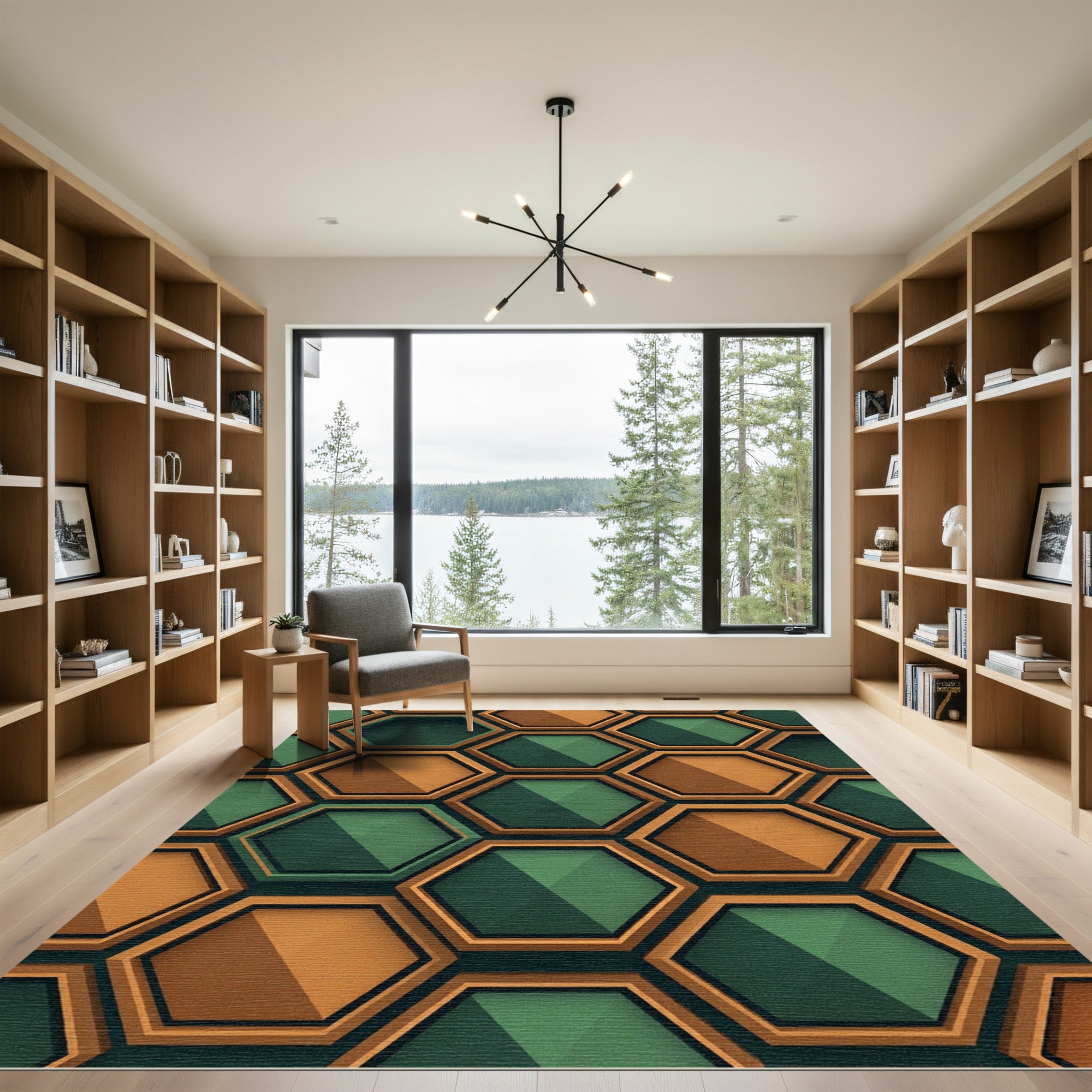 Geometric Hexagon Emerald and Burnt Orange Rug