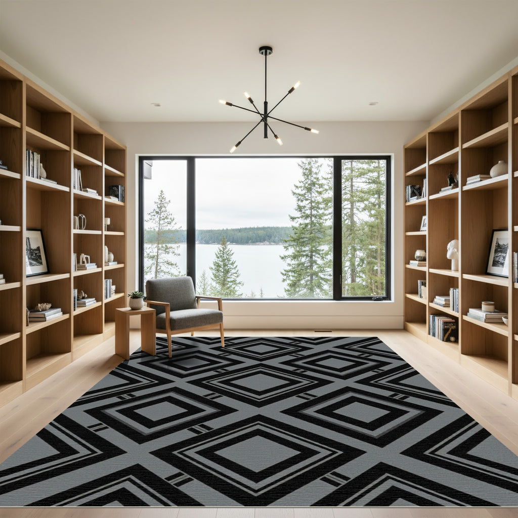Sophisticated Charcoal and Black Geometric Diamond Rug