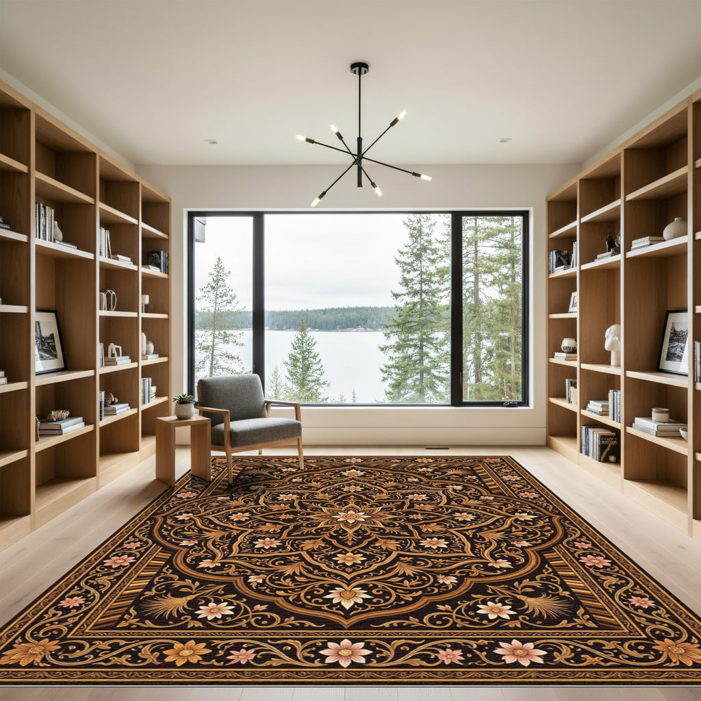 Elegant Floral Gold Medallion Area Rug