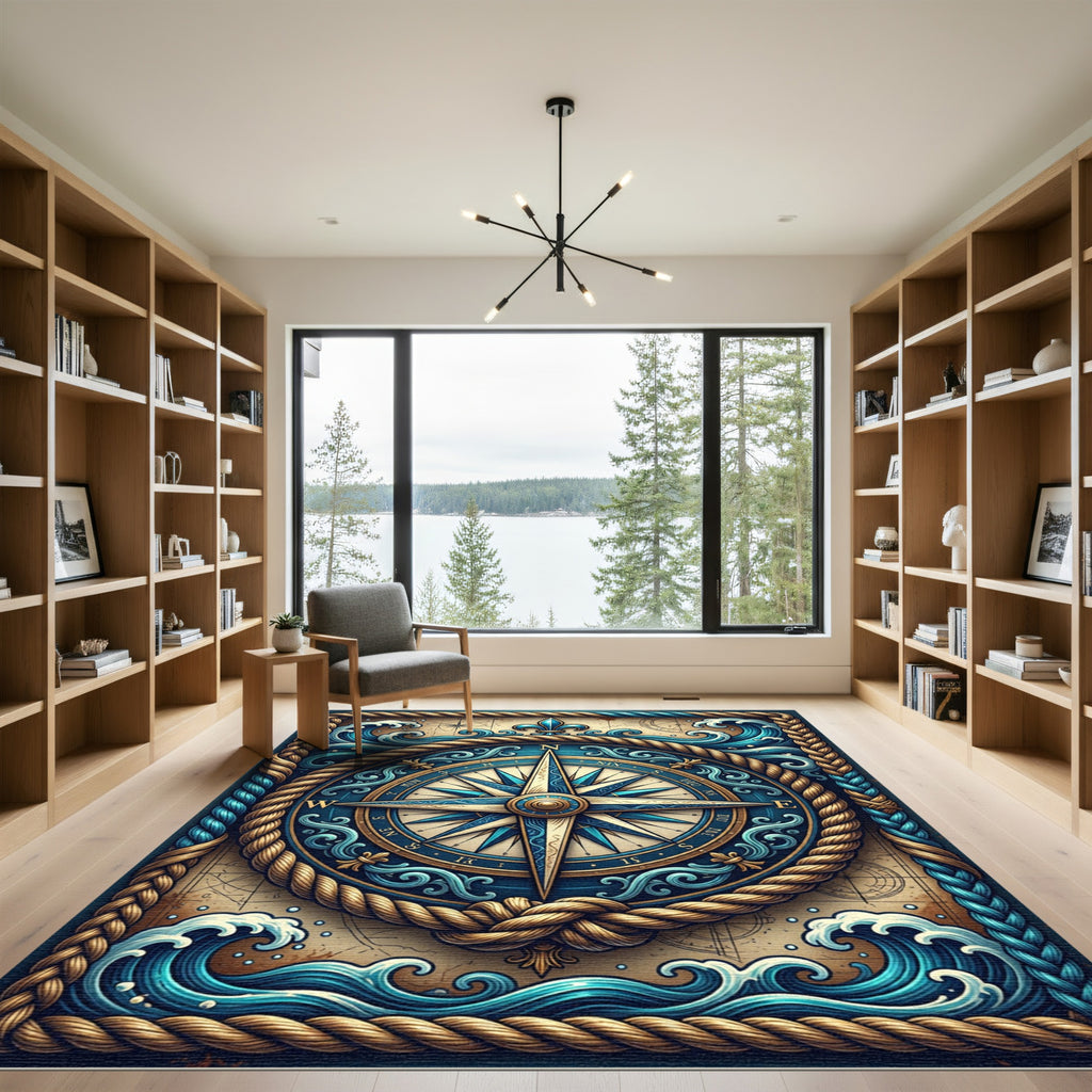 Nautical Compass Blue Waves Rope Border Rug