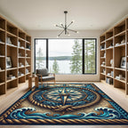 Nautical Compass Blue Waves Rope Border Rug
