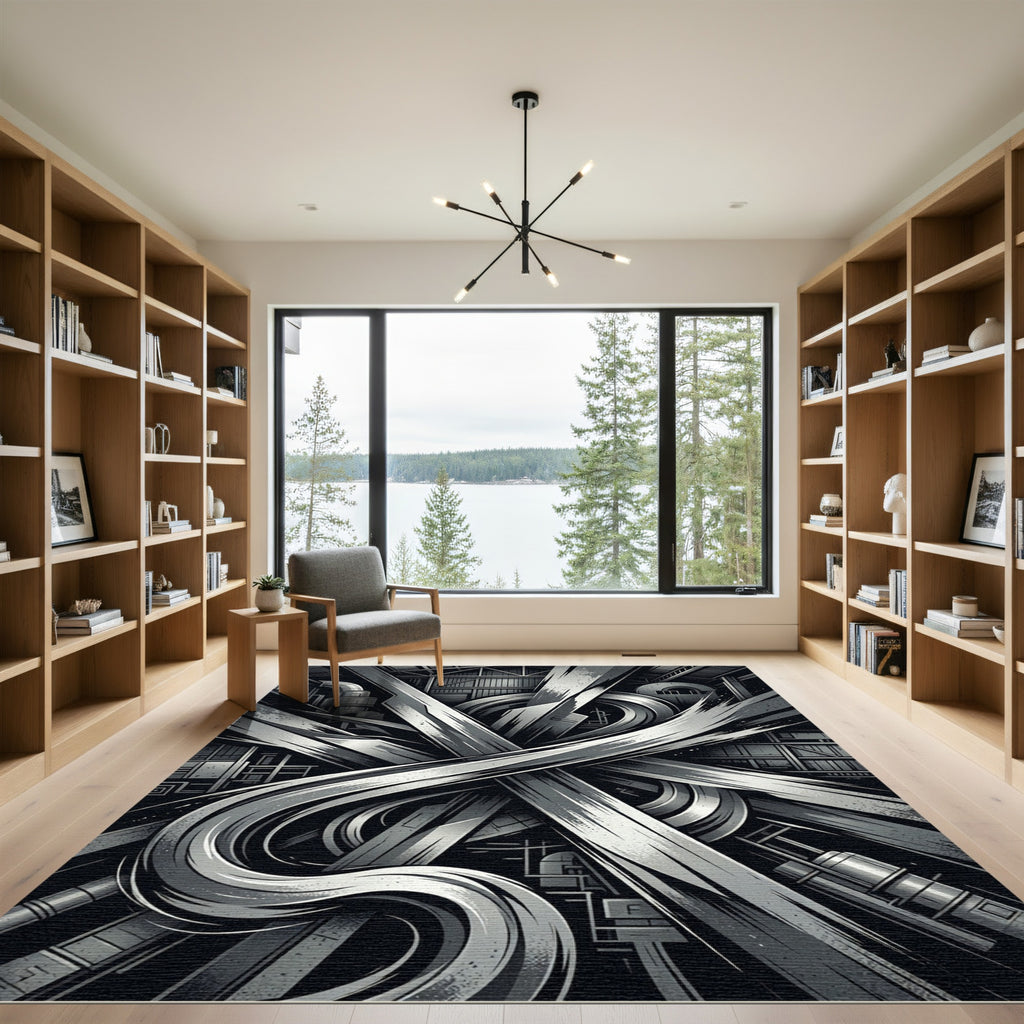 Monochromatic Industrial Steel Abstract Curve Rug