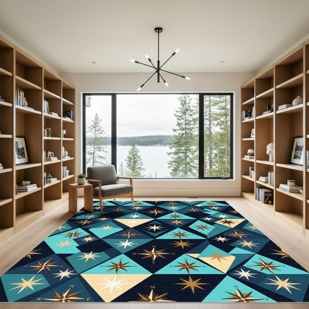 Navigational Geometric Compass Rose Medallion Rug