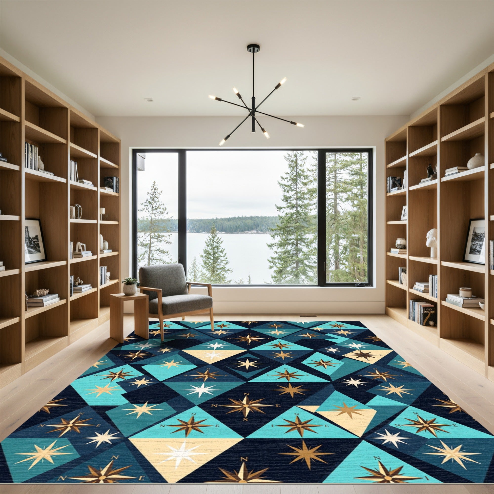 Navigational Geometric Compass Rose Medallion Rug