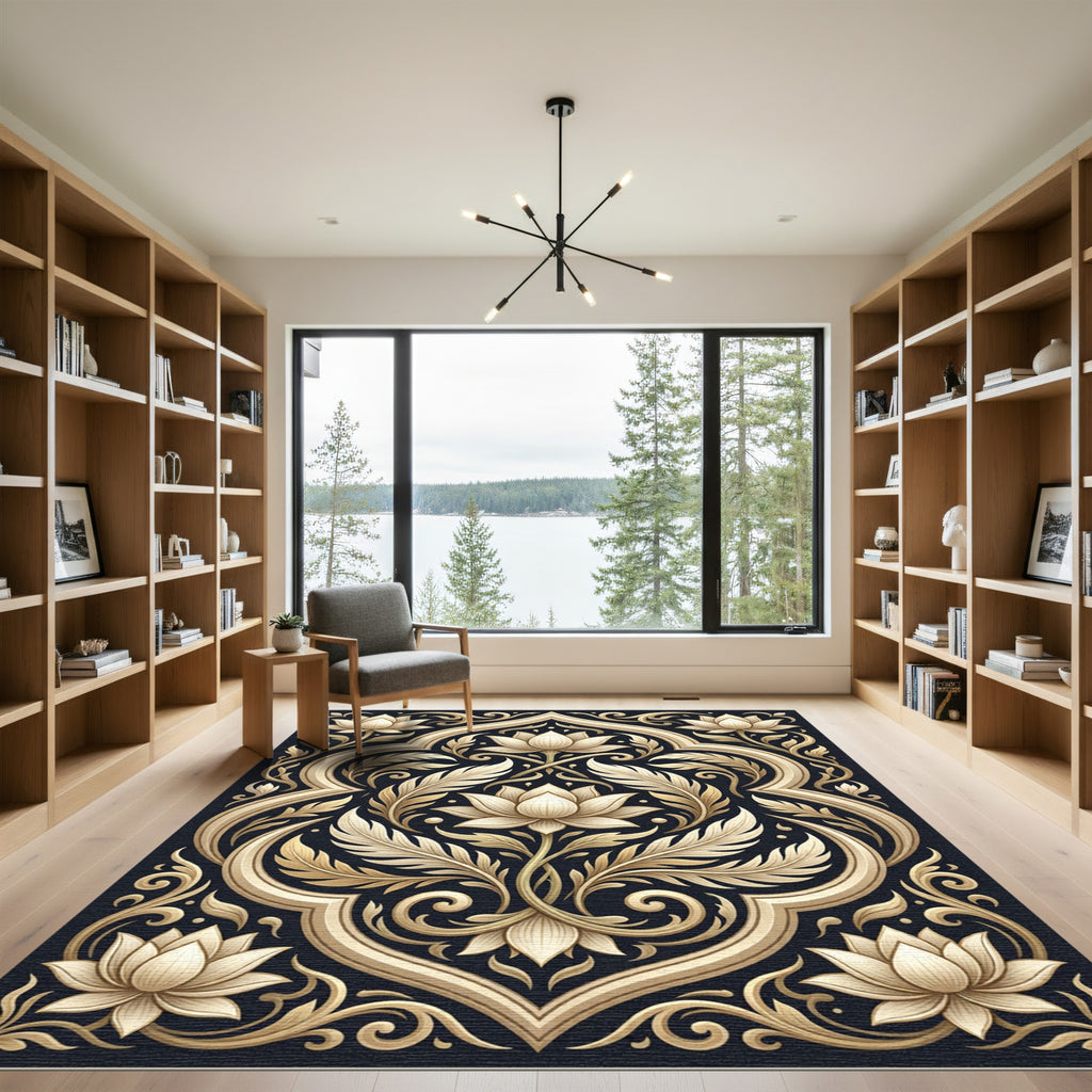 Ornate Golden Lotus Scrollwork Rug
