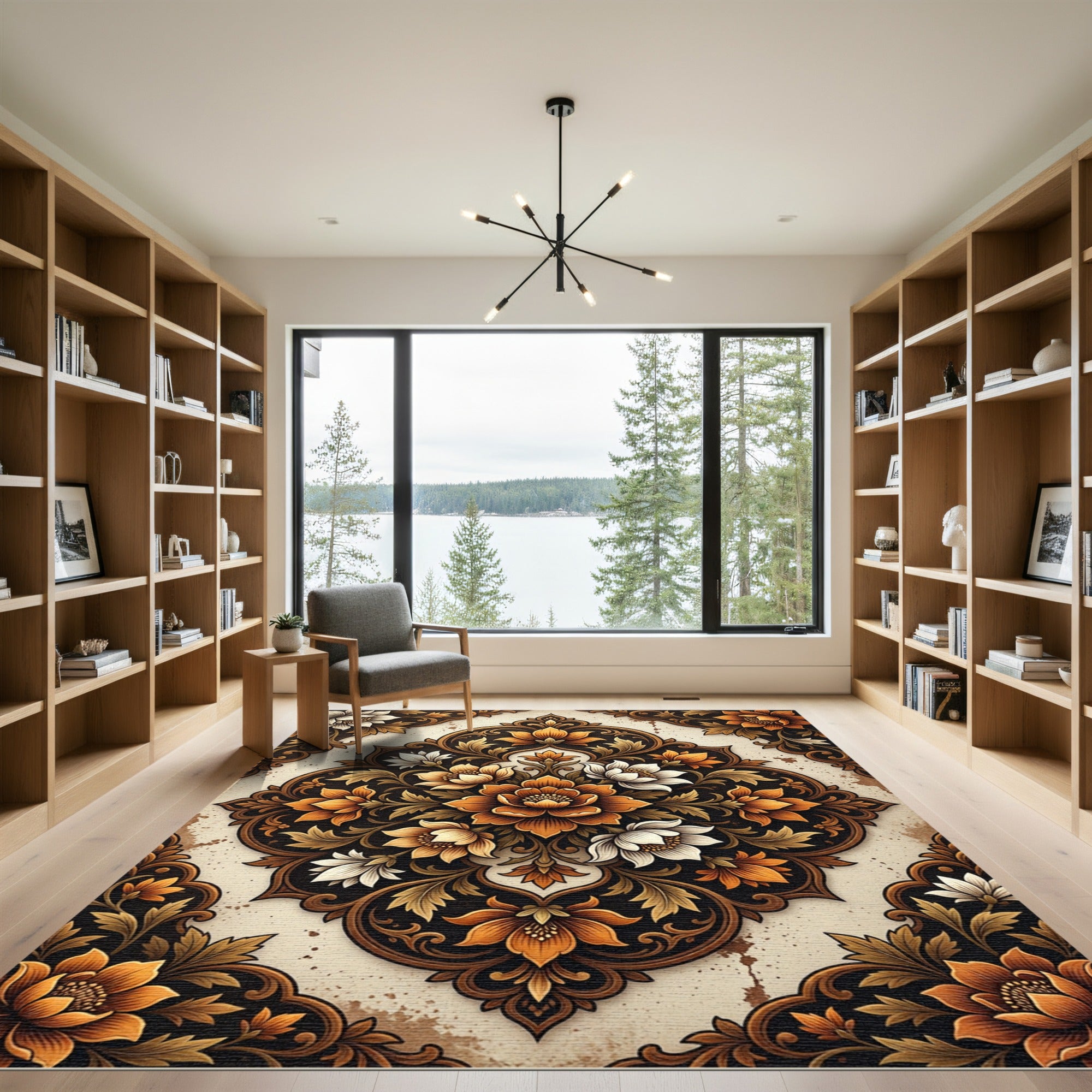 Rich Amber Floral Scrollwork Rug