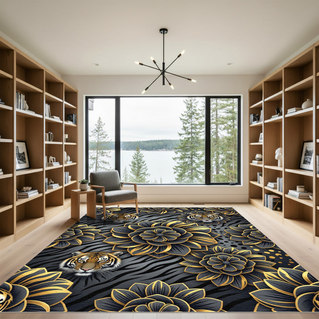Golden Tiger and Black Floral Medallion Rug