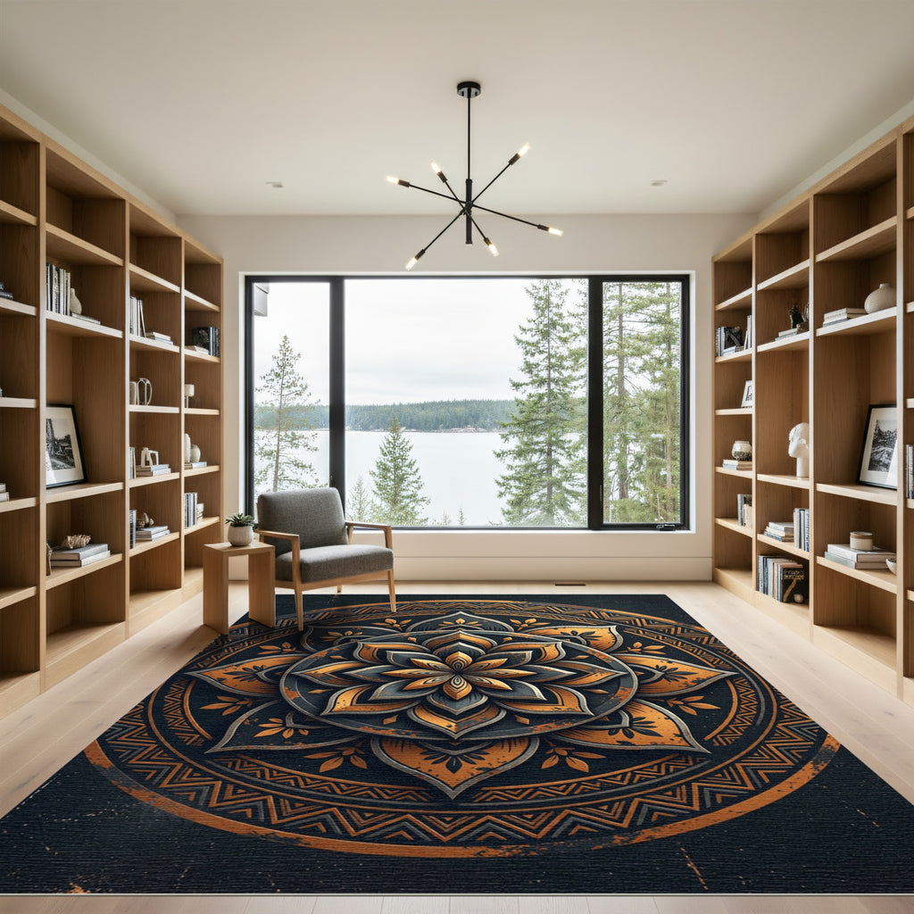 Golden Metallic Lotus Mandala Medallion Rug