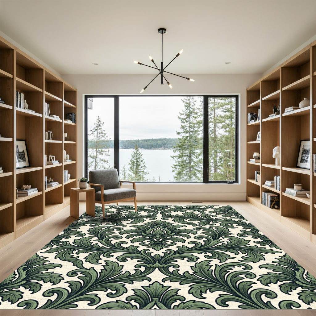 Elegant Sage Green Damask Scroll Rug