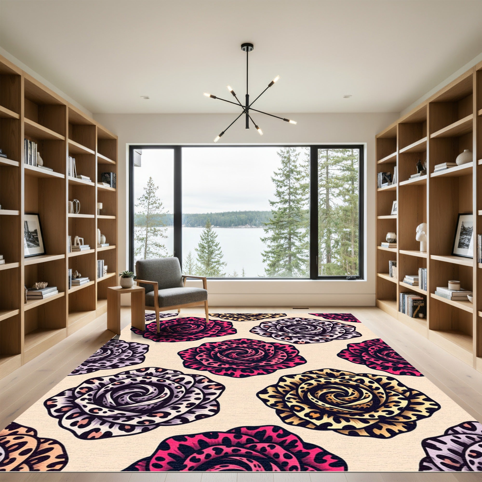 Bold Leopard Rose Floral Art Rug