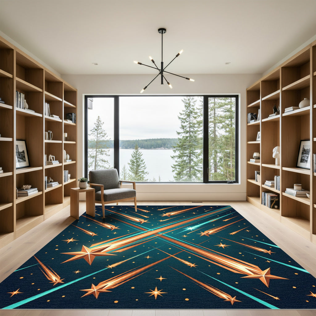 Ethereal Golden Celestial Shooting Stars Rug