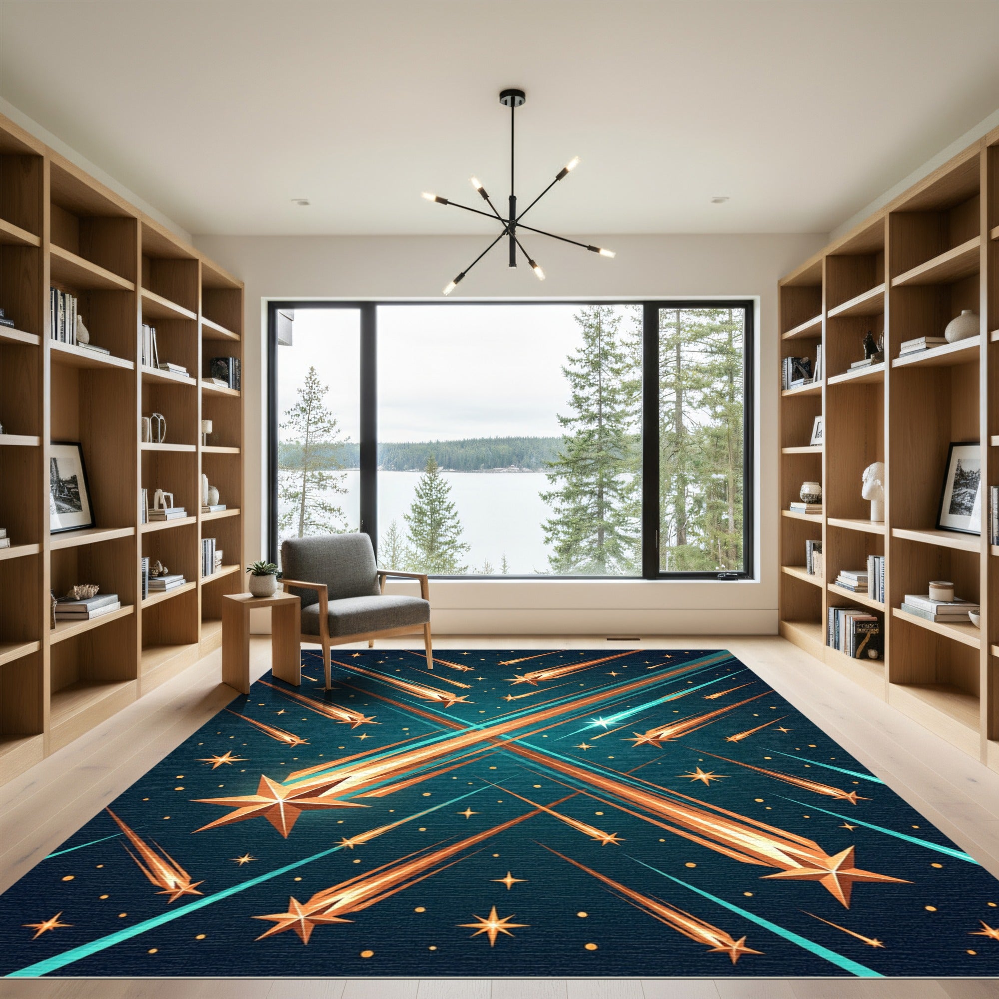 Ethereal Golden Celestial Shooting Stars Rug