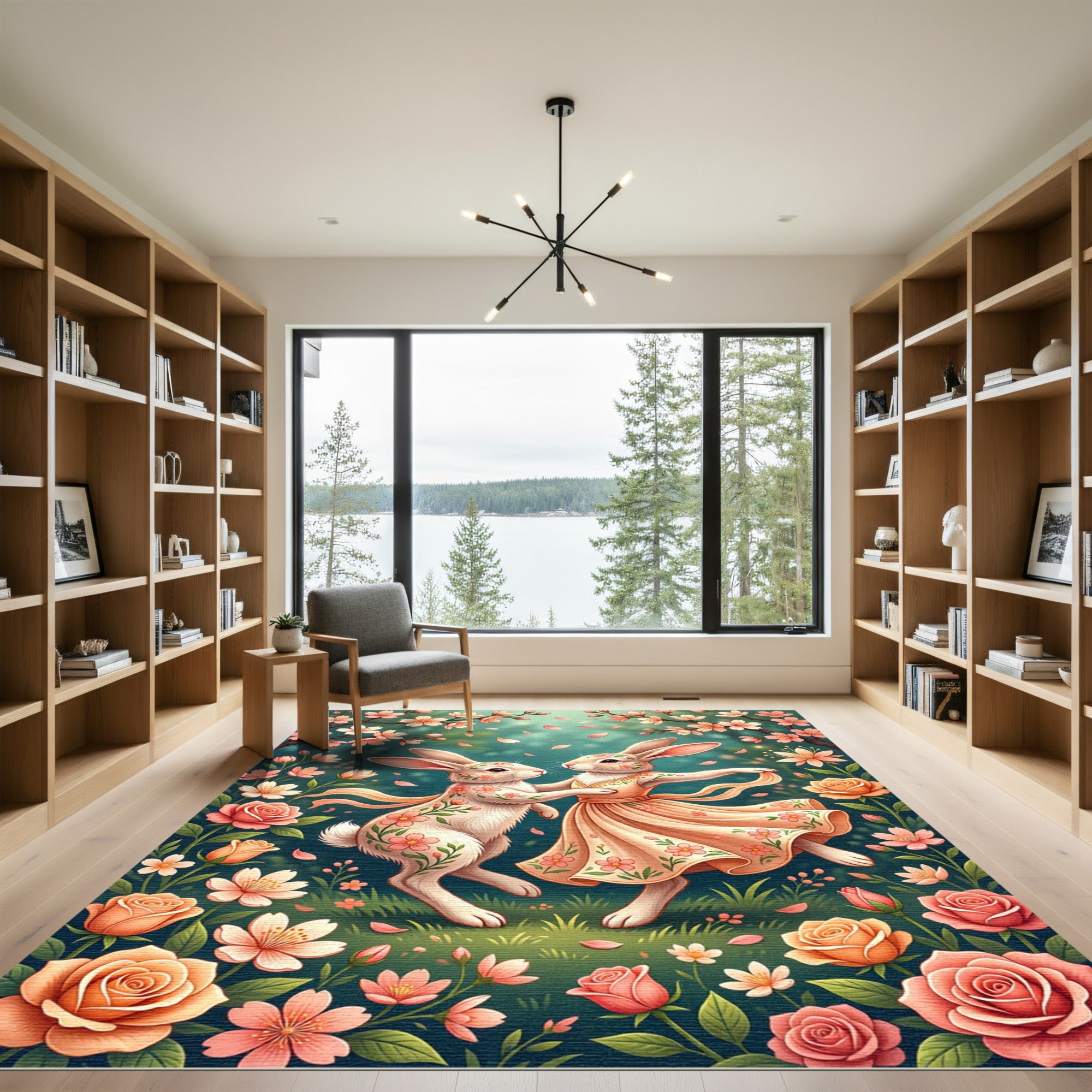 Whimsical Floral Bunny Garden Tapestry Rug