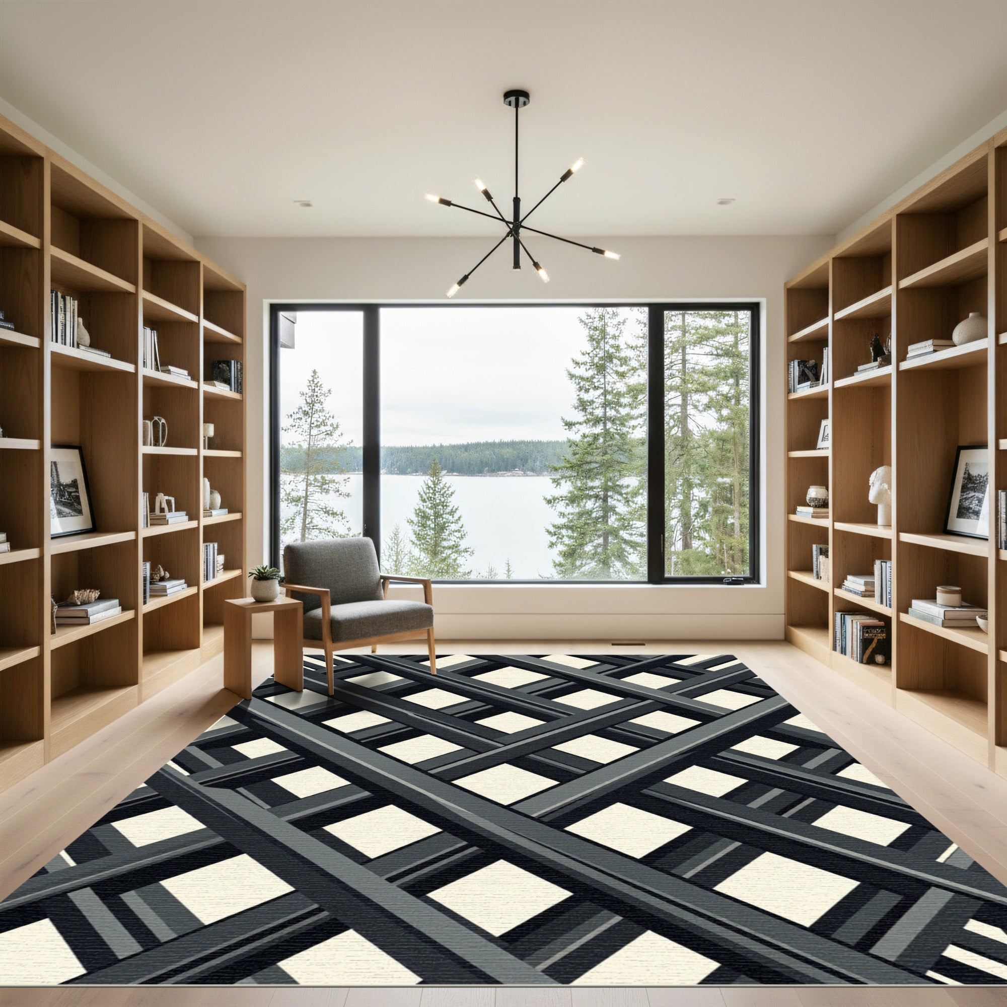 Minimalist Charcoal Intersecting Geometric Lattice Rug