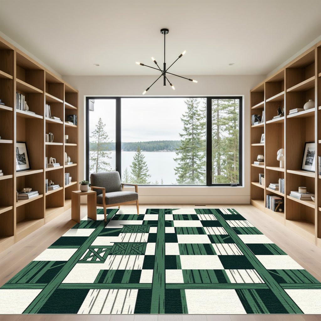 Modern Forest Green Geometric Checkered Grid Rug
